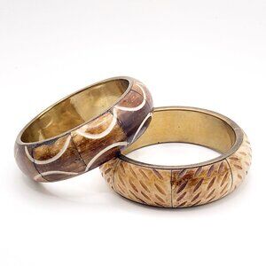 Set of 2 Vintage Hand-Carved Wood Bangles with Brass Interiors – 1" Wide